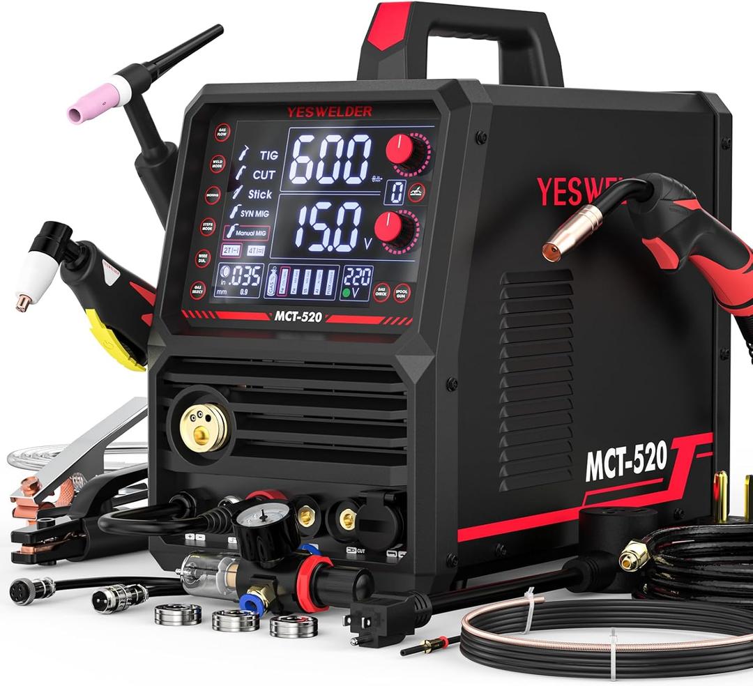 YESWELDER MCT-520 Welders Combo and Plasma Cutter, 6-In-1 MIG/Flux Core/CUT/TIG/Stick/Aluminum MIG, 200A MIG TIG Stick & 50A CUT, 110/220V Dual Voltage Multifunctional Welding Machine