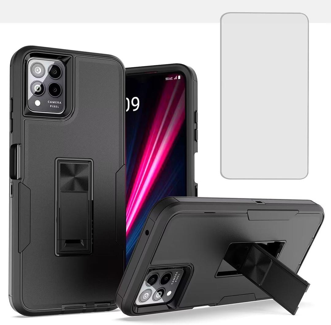 Phone Case for REVVL 6 Pro 5G / T Phone Pro 5G TMAF035G Case with Tempered Glass Screen Protector, Magnetic Bulit in Kickstand Dual Layer Shockproof Cover for TMobile REVVL 6 Pro 5G Black