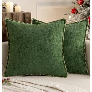 MIULEE Pack of 4 Christmas Couch Pillow Covers 18x18 Inch Moss Green Farmhouse Decorative Throw Pillow Covers with Stitched Edge Soft Chenille Solid Dyed Pillow Covers for Sofa Bed Living Room 18"×18"