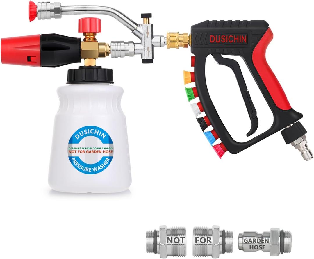 DUSICHIN Pressure Washer Swivel Joint 4000 PSI Snow Foam Cannon Dual-Ended Shift Valve 7 Nozzles, Foam Lance Kit Dual Connector 7 Pressure Washer Tip holders 3/8 Fitting M22-14 M22-15 DUS2913