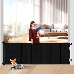 Upgrade 120 inch Retractable Baby Gates Extra Wide with Reinforced Strip Design to Prevent Crawling Through, 10 Foot Retractable Dog Gate, 34" Tall, Retractable Gate for Indoor/Outdoor (34" Tall x 120" Wide, Black)