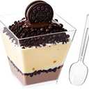 50Pack 8oz Plastic Dessert Cups with Spoons, Clear Mini Square Parfait Yogurt Cups, Appetizer Pudding Shooter Fruit Trifle Ice Cream Mousse Cup for Party (8 oz)