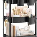 YASONIC 3 Tier Rolling Cart - Metal Utility Cart with Wheels, Hanging Cups, Hooks, Heavy Duty Mesh Rolling Storage Cart Organizer, Craft Cart for Kitchen Office, Lightweight and Sturdy (Black)