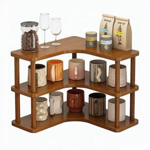 3-tier Kitchen countertop corner spice rack, household Cupboard Cabinet coffee mug Cup storage shelf condiment seasoning organizer, desktop wood bookshelf bookcase (3-tier)
