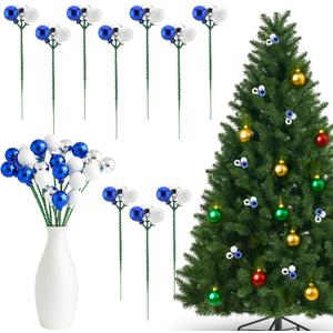 10 Pcs Christmas Ball Ornaments 7.9 Inch Red Green Gold Christmas Tree Picks for Holiday Wedding Vase Fillers Xmas Tree Topper DIY Wreath Crafts Decor (White,Silver,Blue)