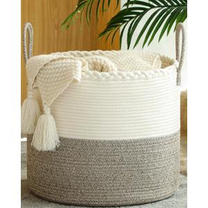 KAKAMAY Large Blanket Basket (18"x18"x16"),Woven Baby Laundry Hamper for Storage, Cotton Rope Blankets Baskets for Nursery, Laundry, Living Room, Pillows, Baby Toy chest with Handles (White/Beige)