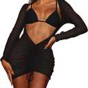 Kisscynest Women's Sexy Swimsuit Coverup Mesh Drawstring Bikini Beach Cover Up Mini Swim Dress (Medium, Black)