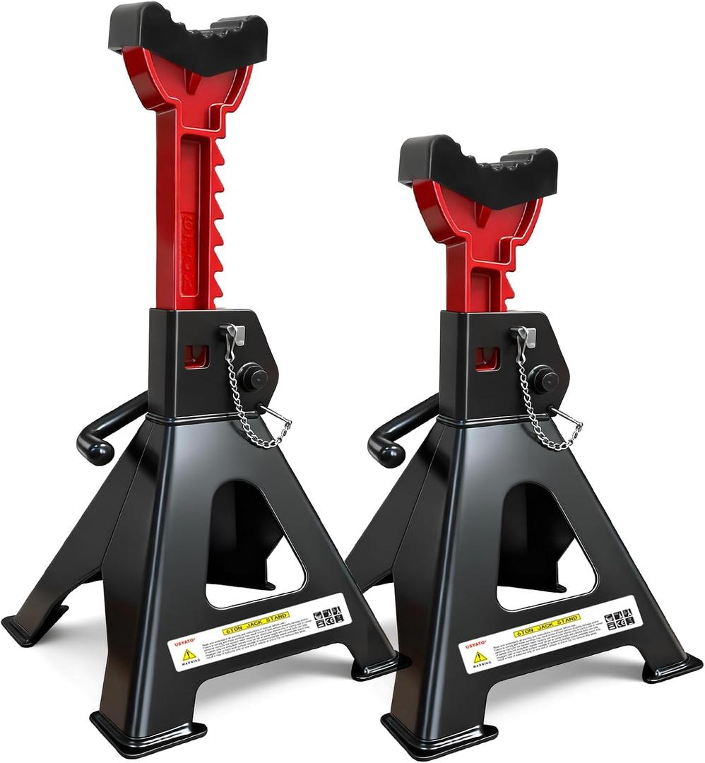 USYATO 6 Ton Jack Stands (13,200Lbs) - Heavy Duty Car Jack Stands with Double Pin Locking, Adjustable 15.6"-23.4" Height, Extra Rubber Pads for Trucks, Garage, Home,DIY Use - 1 Pair Black+Red