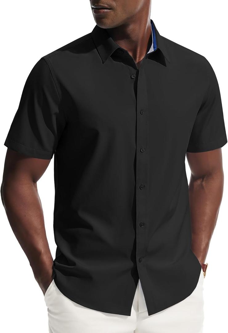 PJ PAUL JONES Mens Short Sleeve Dress Shirts Stretch Wrinke Free Untucked Business Casual Button Down Shirt Regular Fit, XXL