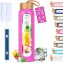Aqulea Glass Water Bottles 32 Oz with Silicone Sleeve - BPA Free Reusable Wide Mouth Glass Motivational Water Bottles with Fruit Infuser Leak Proof Borosilicate Water Bottle with Time Marker (Rose)