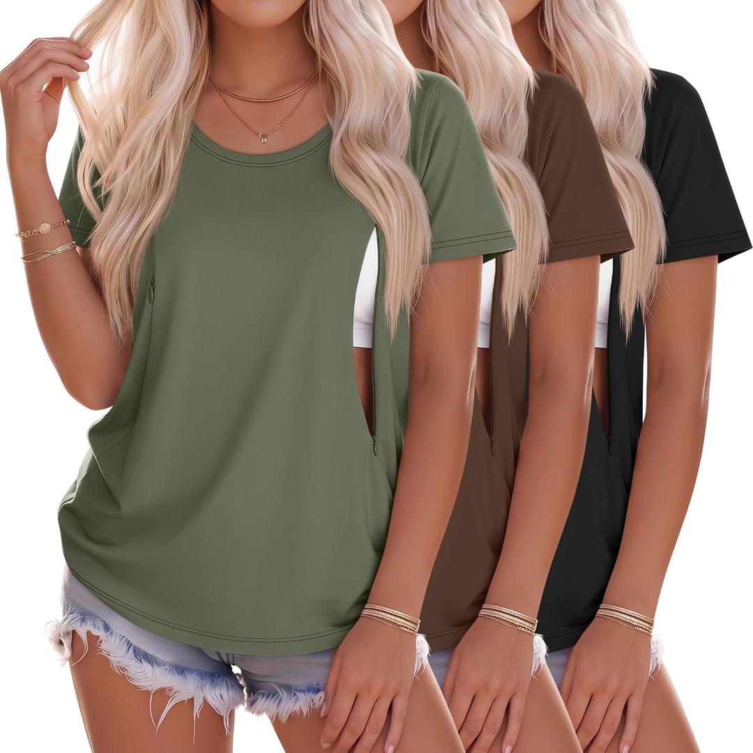 Yearntown 3 Pack Women's Nursing Shirts for Breastfeeding with Hidden Zipper Short Sleeve Crew Neck Loose Fit Maternity Tops(Army Green, Brown, Black,XX-Large)