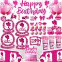 213Pcs Girl Birthday Decorations Serves 25 - Dessert & Lunch Paper Plates, Balloons, Napkins, Paper Cups, Tablecloth & Cake Topper - for 18th 21st Birthday Decorations for Girls