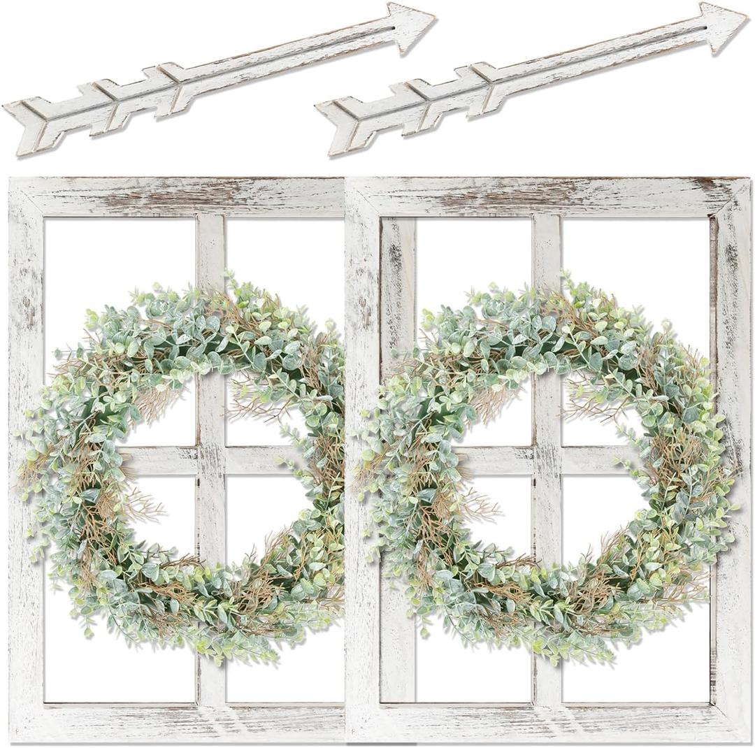 WAKOSAN Rustic Wood Window Frame Wall Decor with Wreath & Arrows, 18 x 24 inches