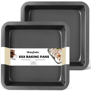 HONGBAKE 8x8 Cake Baking Pan Set, Nonstick Square Brownie Pans with Wider Grips, 2 Pieces, Heavy Duty, Grey
