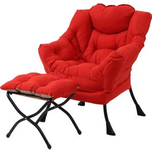 Welnow Lazy Chair with Ottoman, Modern Lounge Accent Chair with Armrests and a Side Pocket, Leisure Sofa Armchair Set, Reading Armchair with Footrest for Small Space, Red