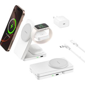 3 in 1 Charging Station for iPhone 17/16/15/14/13/12 Series, Wireless Charger for Apple WatchTravel Magnetic Charging Stand for AirPods (White Grey)