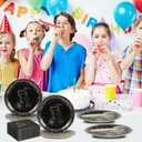 75PCS Happy Birthday Paper Plates Set, Black Sliver Crown Party Plate 6.5Inch Napkins 6.3 Inch Plastic Fork Tableware Dessert Plates Guests for Birthday Party Decoration-Serve 25