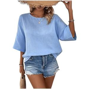 MakeMeChic Women's Short Sleeve Drop Shoulder Round Neck Keyhole Back T Shirts Blouse Top Small