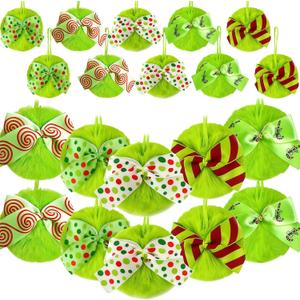20 Pcs Lime Green Furry Christmas Ball Ornaments with Bow for Tree Furry Elf Faux Fur Hanging Pom Pom Ball Decorations for Christmas Tree Holiday Party Gift Supplies