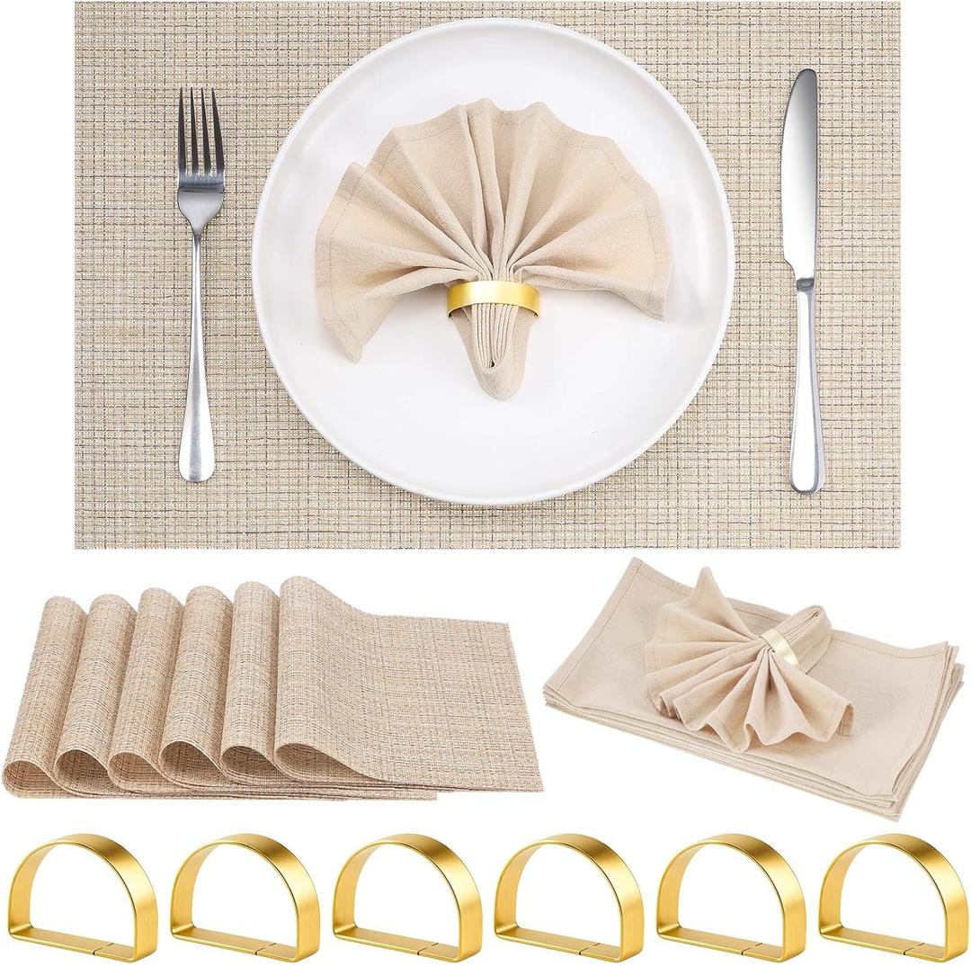 6 Set Beige Placemats, Gold Napkin Rings with Dinner Napkins Cloth, Heat Resistant Non-Slip Place Mats for Dining Table, Washable Durable PVC Vinyl Woven Table Mats for Plates Wedding