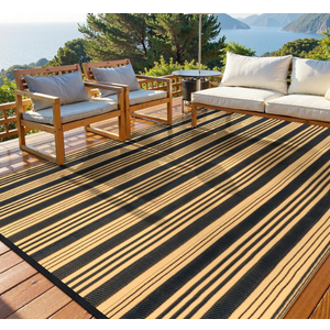 LEEVAN Waterproof Outdoor Rug 8x10 Black and Brown Patio Rug Clearance