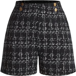 Women's Elegant Plaid Dress Shorts High Waisted Button Front Business Casual Shorts (Black, M)
