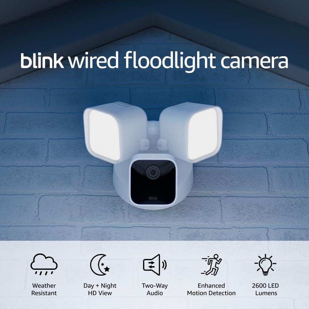 Blink Wired Floodlight Camera - Smart security camera, 2600 lumens, HD live view, enhanced motion detection, built-in siren, Works with Alexa  1 camera (White) Blink Wired Floodlight Camera - Smart security camera, 2600 lumens, HD live view, enhanced motion detection, built-in siren, Works with Alexa  1 camera (White)