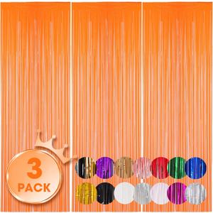 Voircoloria 3 Pack 3.3x8.2 Feet Orange Foil Fringe Backdrop Curtains, Tinsel Streamers Birthday Party Decorations, Fringe Backdrop for Graduation, Baby Shower, Gender Reveal, Disco Party