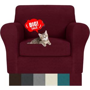 MAXIJIN 2 Piece Chair Covers Chair Slipcover with Arms, Sofa Chair Cover for Living Room Armchair Cover, Stretch Pet Dog Slip Cover for A Chair with 1 Cushion (31"-46", Wine Red)