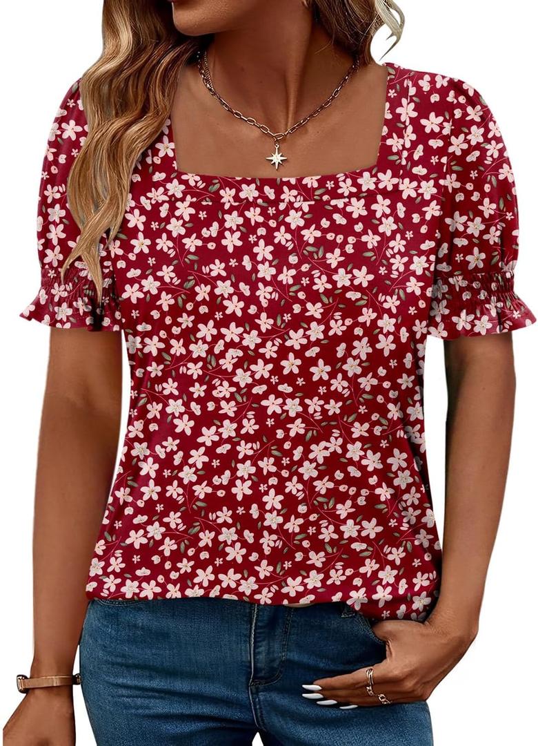 CRAZY GRID Womens Trendy Summer Tops Puff Sleeve Loose Fit Shirts Dressy Casual Blouses (M)