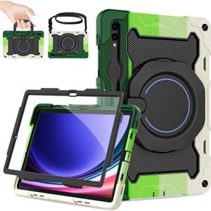 ROISKIN Case for Samsung Galaxy Tab S10 Plus/ S9 FE Plus/ S9 Plus 5G Tablet 12.4'', Heavy Duty Shockproof Protective Case with Screen Protector, Stand, Handle,Shoulder Strap and Pen Holder (Black+Green)