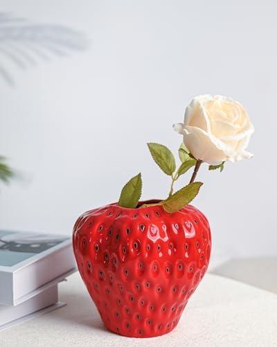 DN DECONATION Red Strawberry Vase, Strawberry Ceramic Flower Vases for Colorful Girly Home Decor, Decorative Cute Vase for Strawberry Party Decorations