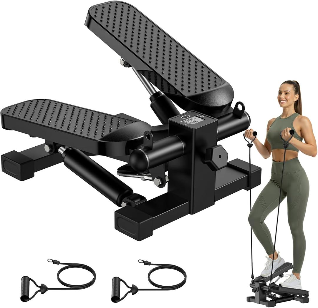Mini Stair Stepper with Resistance Bands for Exercise at Home, Portable Under Desk Twist Steppers for Office, Workout Equipment for Full Body Workout, 220lb Weight Capacity, LED Display (Black)