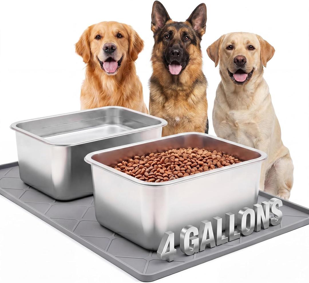 4 Gallon Extra Large Dog Water Bowl, 2 Pack Thickened Stainless Steel Dog Water and Food Bowls with Non Slip Mat, Spill Proof Metal Pet Bowl Set for X-Large Multiple Dogs Indoor Outdoor Use