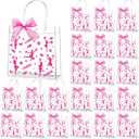 Lonfliness 24Pcs Cheer Clear PVC Gift Bags with Handles And Ribbon Bow Bulk 8 X 8 X 3in Cheerleading Goodie Treat Bags Cheer Team Present Tote Bag for Cheerleader Teammates Party Supplies(Pink)