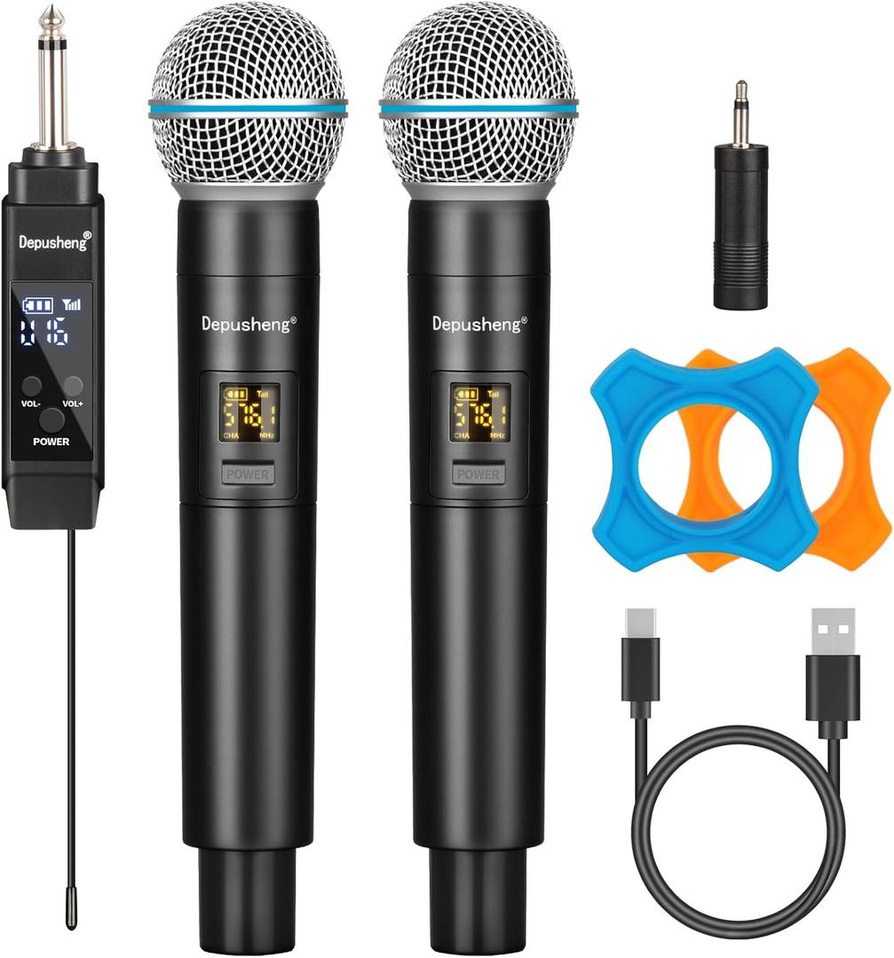 Depusheng Wireless Microphone,Professional Dual Handheld Cordless Dynamic Mic System with Rechargeable Receiver(160 Ft),Karaoke Microphone Set for Singing,Karaoke,Wedding,DJ,Party,Speech (S2 PRO)