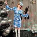 70s Hippie Dress Costumes Necklace Earrings Sunglass Women Disco Outfit, 60s Party Costume, Halloween Retro Dresses (Blue, L)