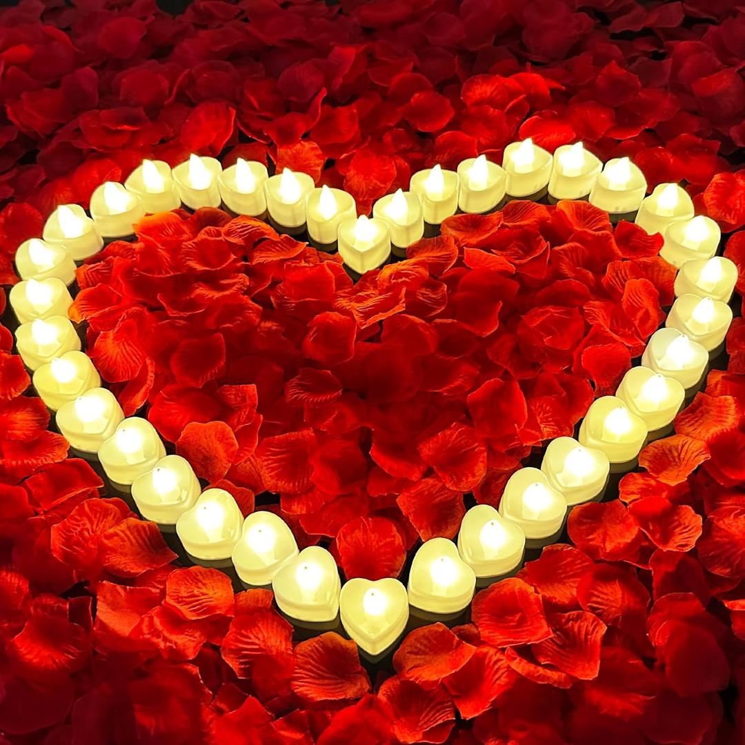 3000Pcs Red Rose Petals with 36Pcs LED Tea Lights Candles, Romantic Gifts for Her, Special Night, Date Night Ideas, Wedding, Anniversary, Proposal