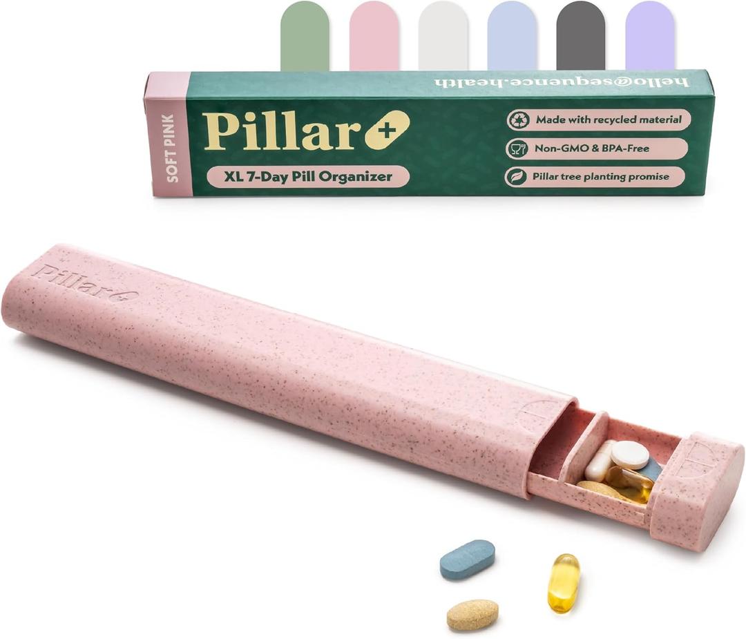 Pillar Plus - Aesthetic 7 XL Day Pill Organizer | BPA-Free Wheat Straw Medicine Case | Pretty Travel & Home Tablet Vitamin Organizer | Cute Weekly Pill Box | Travel Medicine Organizer (Soft Pink)