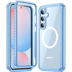 Miimall Full Body for Samsung Galaxy S24FE Case Magnetic,[Built in Screen Protector Glass][Compatible with Magsafe][Military Shockproof Dropproof]Heavy Duty Phone Case for S24FE 6.7",Light Blue/Clear
