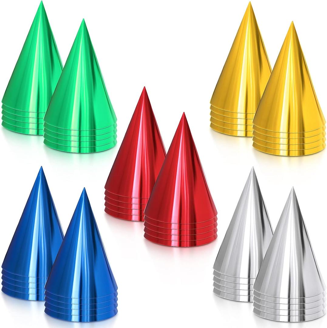 Sumind Colorful Birthday Party Hats Cone Hats for Adults Metallic Foil Cone Headwear