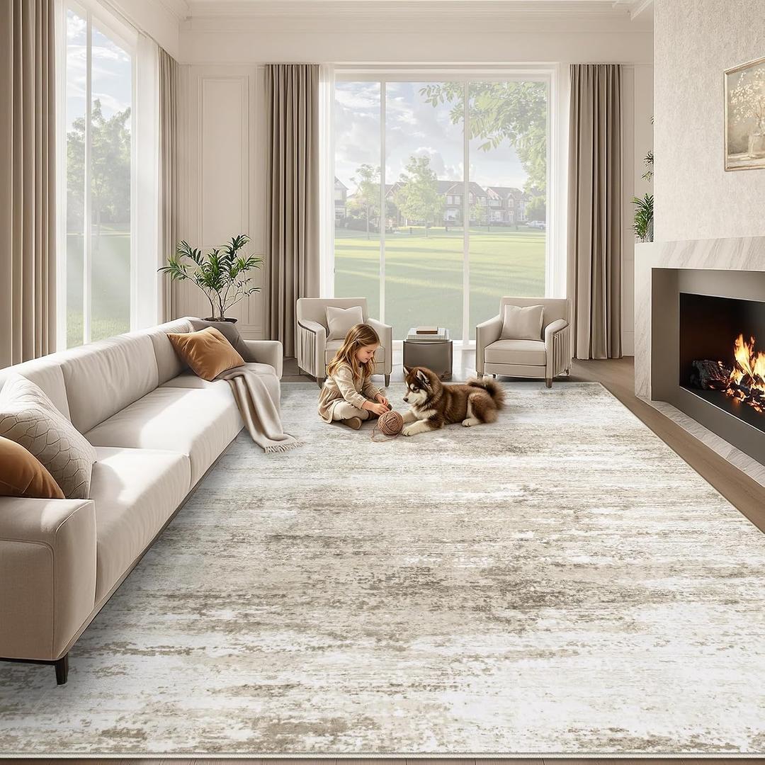 Washable Rug 8x10 Area Rugs for Living Room: Large Neutral Soft Rug Abstract Non Slip Low Pile Modern Carpet for Bedroom Kitchen Nursery Office Dining Room Indoor (Beige, 8'x10')