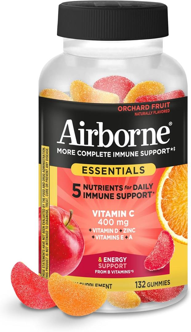 Airborne 400mg Vitamin C Gummies for Adults & Children, Immune Essentials Daily Immune Support Supplement with Powerful Antioxidants Vitamins C & E Plus Selenium - 132 Gummies, Orchard Fruit Flavor (EXP: 07/2027)