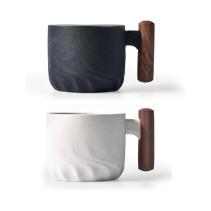 Ceramic Espresso Cup with Wooden Handle, 3oz, Microwave Safe, Porcelain, 2.08x1.85in, Hand Wash Only, Black&White