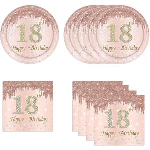 HiEnjoin 18th Rose Gold Birthday Plates and Napkins, 9 Inch Pink Rose Gold Disposable Dinner Dessert Plates Happy 18th Birthday Party Supplies Decorations for Girls Women