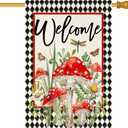 Baccessor Spring Summer House Flag 28 x 40 Inch, Mushroom Floral Diamond Double Sided Burlap Welcome Large Yard Flag Seasonal Holiday Lawn Proch Outdoor Outside Decor