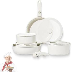 Ceramic Cookware Set, 2026 New 5/15 Piece Cookware Set, Nonstick Maifan Cookwares Sets, with Detachable Handle, Easily Clean (Beige,15pcs)