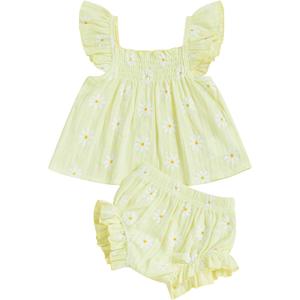Mubineo Baby Girl Summer Clothes Cute Ruffle Tops Dress Shorts Outfits Set Infant Toddler Shrit Bloomers Princess Outfit (6-12 Months, Yellow Daisy)