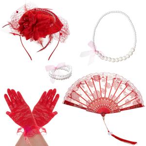 Fumwase 5Pcs Tea Party Accessories Set for Women Afternoon Tea Accessories Kit Gloves Hats Necklace Fan Bracelet, Red