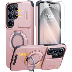 JAME for Samsung Galaxy S26 Ultra Case, Ring Holder Stand Kickstand, Slide Camera Cover with Screen Protector, Dual-Layer Shockproof Protective Magnetic Accessory Friendly S26 Ultra Phone Case, Pink